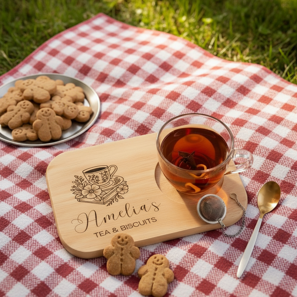 Personalized Bamboo Tea & Biscuits Board, Custom Engraved Gift for Grandma Grandpa, Cutting Board, Wooden Snack Tray, Gift for Mother Father