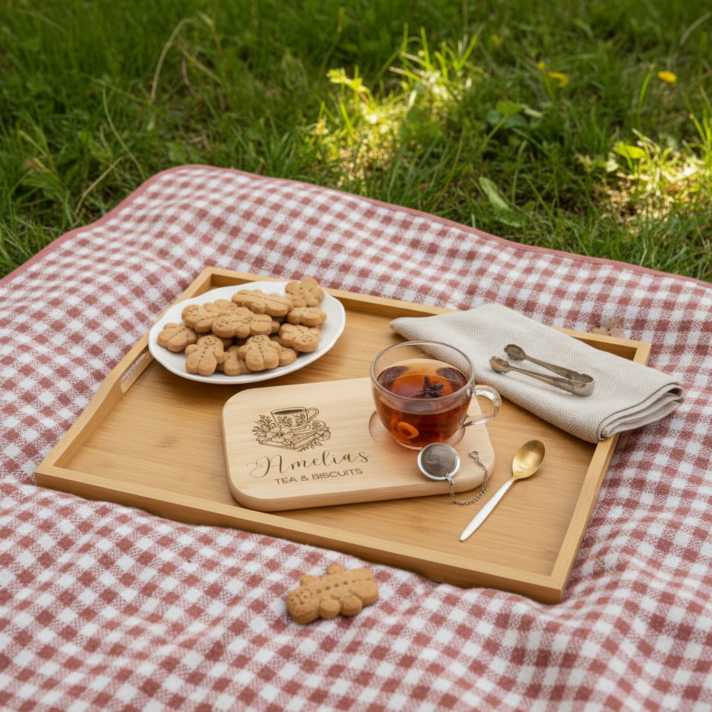 Personalized Bamboo Tea & Biscuits Board, Custom Engraved Gift for Grandma Grandpa, Cutting Board, Wooden Snack Tray, Gift for Mother Father