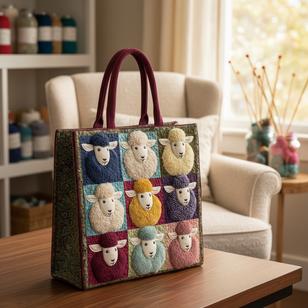 Sheep Shoulder Bag, 3D All Over Printed Quilted Tote Bag, Cute Sheep Bag, Handmade Patchwork Tote, Gift for Sheep Lovers