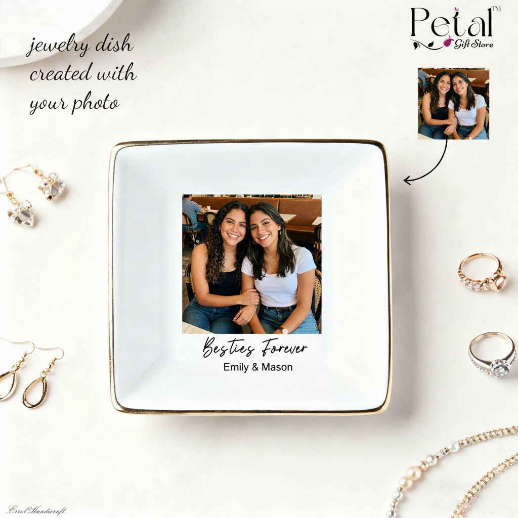 Custom Photo Ceramic Jewelry Dish for Bridesmaid Gift, Wedding Gift for Bridesmaid, Photo Trinket Dish, Besties Forever Jewelry Dish