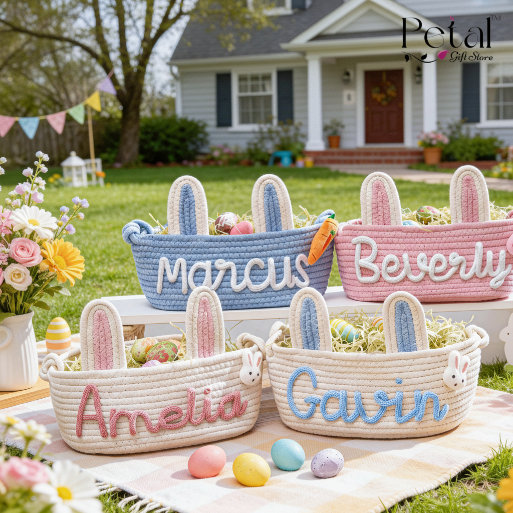 Personalized Easter Basket, Custom Cotton Rope Easter Basket, Easter Gift With Name, Easter Egg Hunt Basket, 1st Easter Egg Hunt Basket