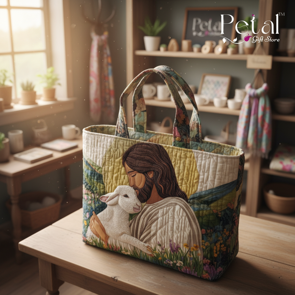 Jesus and Lamb Quilted Tote Bag, 3D All Over Printed Christian Shoulder Bag, Faith Inspired Patchwork Tote, Gift for Believers