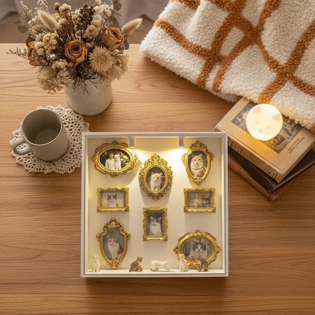 Cat DIY Mini Museum Silhouette Box, LED Lighted Photo Shadow Box, Gold Vintage Frames with Mini Figurines, Personalized Memory Display Box