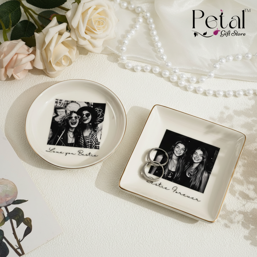 Personalised Bestie Photo Trinket Dish, Custom Jewelry Ring Dish, Bridesmaid Proposal, Ceramic Trinket Tray for Best Friend, Wedding Gift