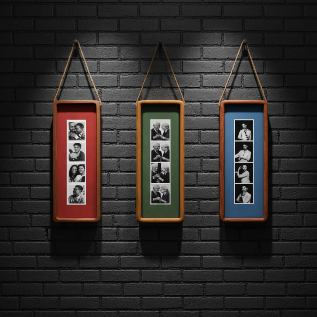 Photobooth Frame for Photo Strip Prints: Elongated Solid Wood Picture Frame with Coloured Mount, Ready to Hang for photoautomat print 2