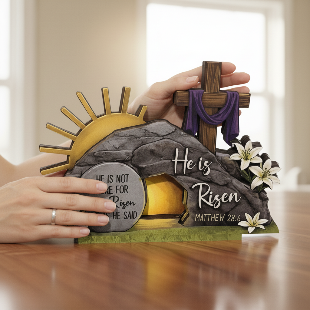 He Is Risen Empty Tomb flat 3D Wooden Block, Resurrection Scene, Religious Easter Gift, Christian Home Decor, Bible Verse Sign, Church Art