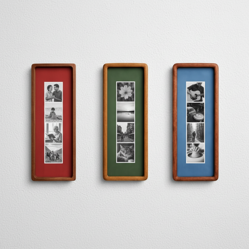 Photobooth Frame for Photo Strip Prints: Elongated Solid Wood Picture Frame with Coloured Mount, Ready to Hang for photoautomat print 2