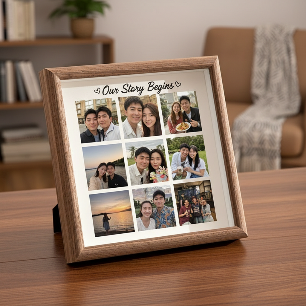 Personalized Family Nine-Square Photo Frame – Custom Wooden Grid Picture Frame for Couples & Home Decor