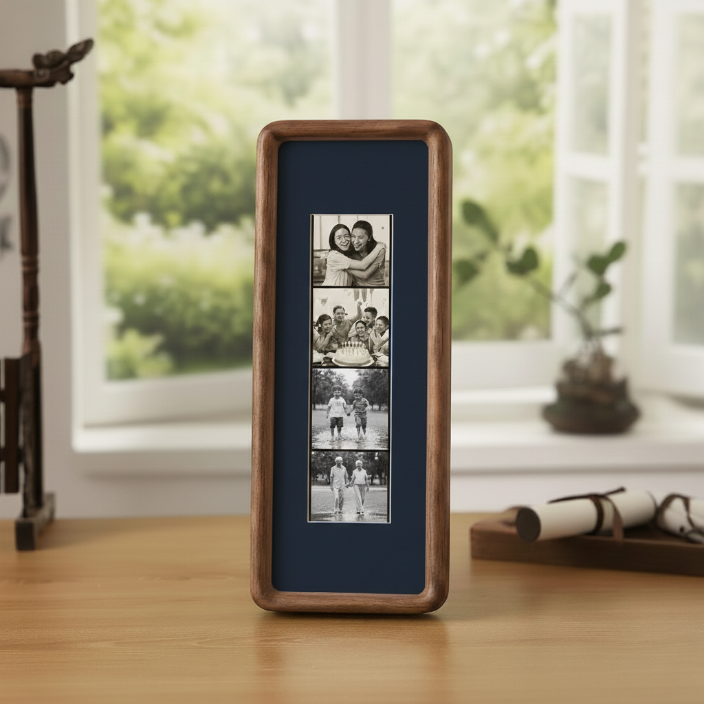 Photobooth Frame for Photo Strip Prints: Elongated Solid Wood Picture Frame with Coloured Mount, Ready to Hang for photoautomat print