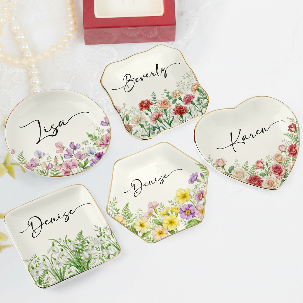 Personalised Birth Flower Trinket Dish_ Custom Birth Month Flower Trinket Dish, Wedding Bridesmaid Gift, Wildflower Ring Holder, Best Friend