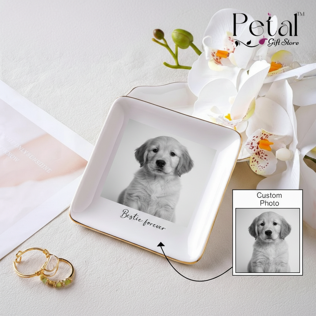 Custom Photo Pet Ceramic Jewelry Dish, Personalized Animal Photo Trinket Dish, Pet Mom Gift, Dog/Cat Keepsake Dish, Besties Forever Gift
