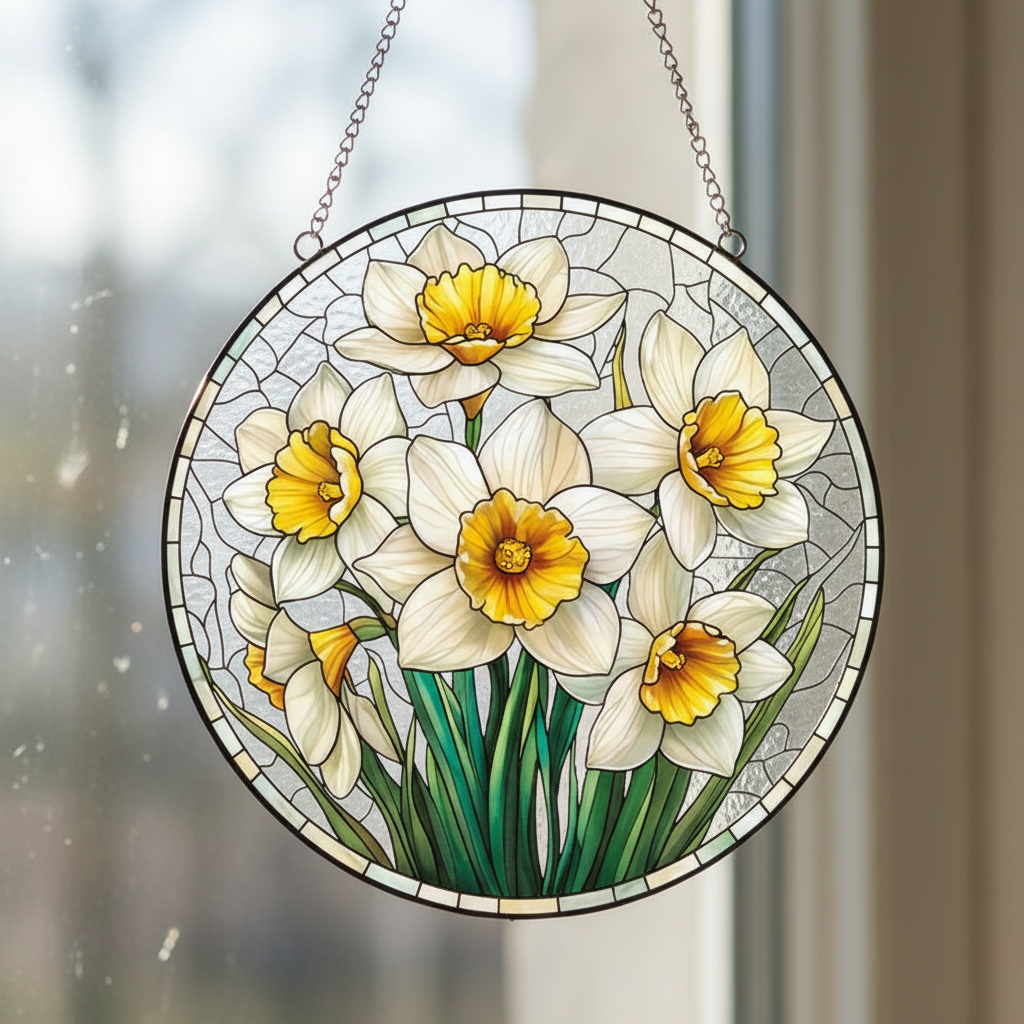 Custom Birth Flower Stained Glass Window Suncatcher, Personalized Mother’s Garden Floral Hanging Ornament