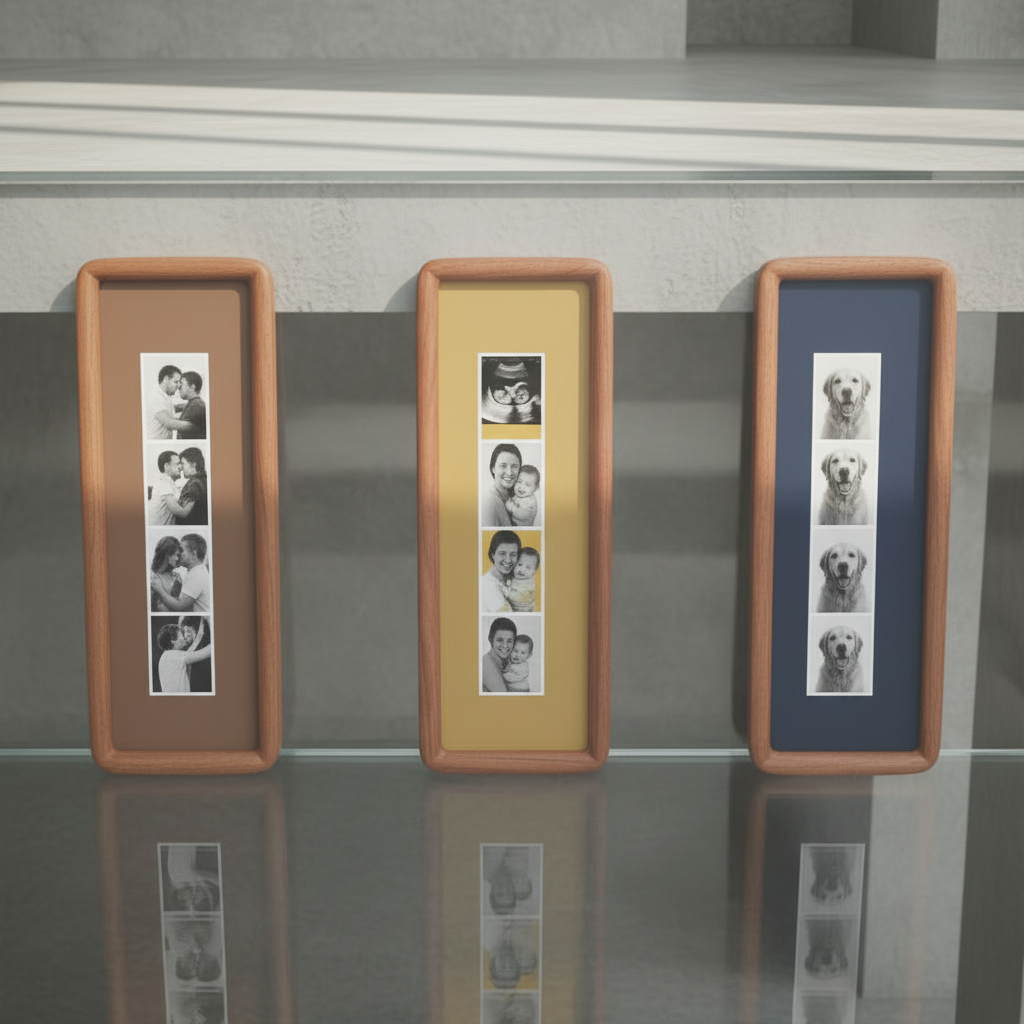 Photobooth Frame for Photo Strip Prints: Elongated Solid Wood Picture Frame with Coloured Mount, Ready to Hang for photoautomat print