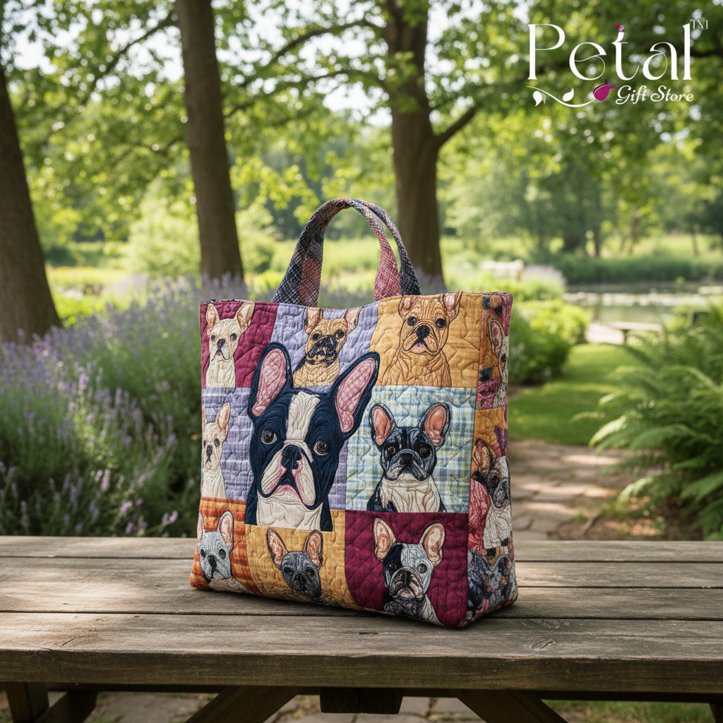 Cute French Bulldog Quilted Tote Bag, 3D All Over Printed Dog Shoulder Bag, Handmade Patchwork Tote, Frenchie Lover's Gift