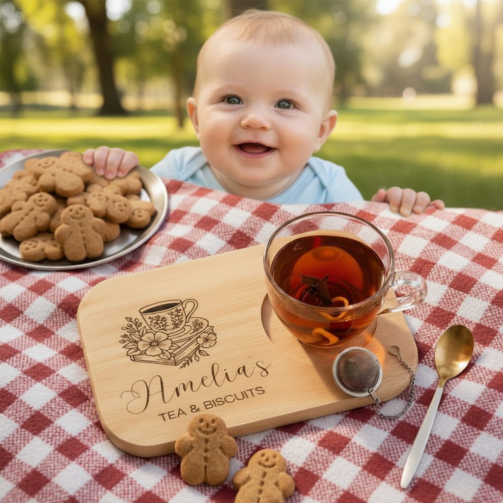 Personalized Bamboo Tea & Biscuits Board, Custom Engraved Gift for Grandma Grandpa, Cutting Board, Wooden Snack Tray, Gift for Mother Father
