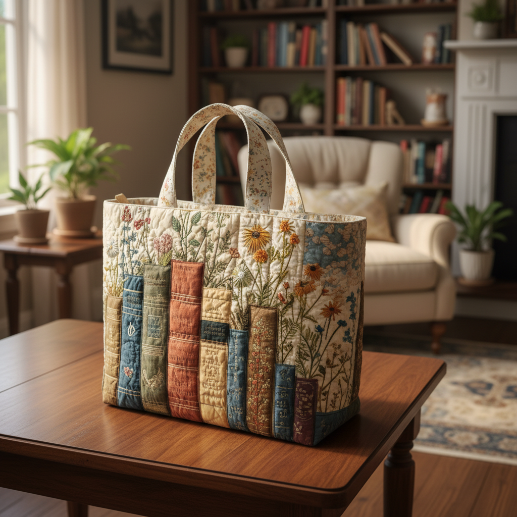 Vintage Book Garden 3D All Over Printed Quilted Tote Bag, Book Lover Shoulder Bag, Floral Patchwork Tote, Reader Gift