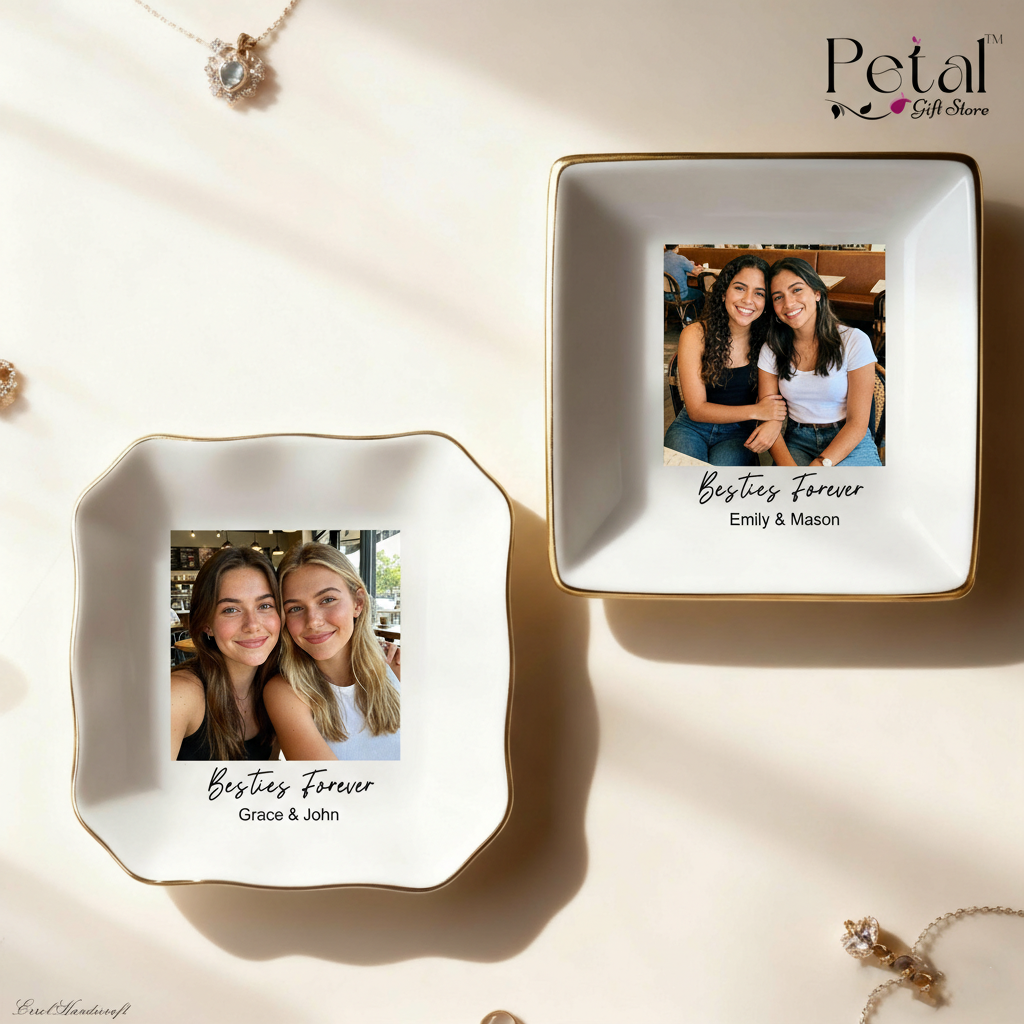 Custom Photo Ceramic Jewelry Dish for Bridesmaid Gift, Wedding Gift for Bridesmaid, Photo Trinket Dish, Besties Forever Jewelry Dish