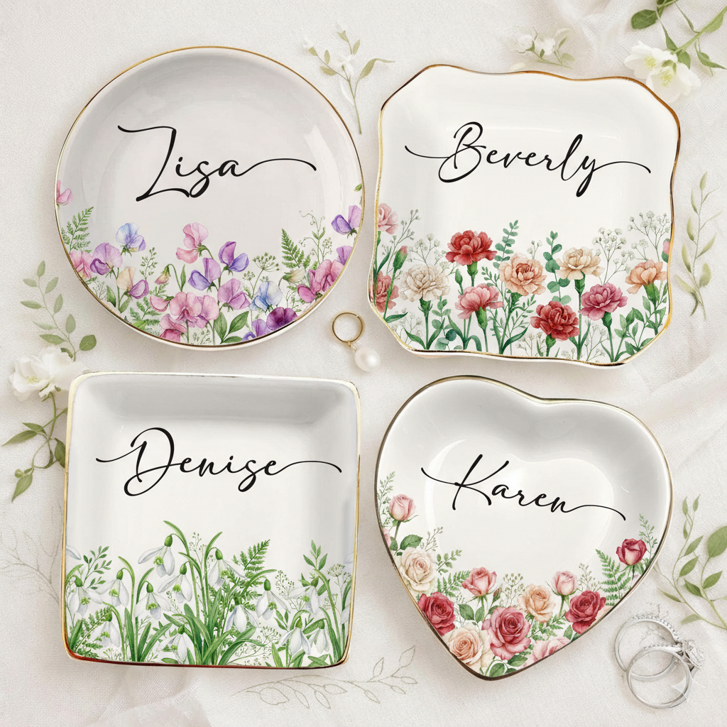 Personalised Birth Flower Trinket Dish_ Custom Birth Month Flower Trinket Dish, Wedding Bridesmaid Gift, Wildflower Ring Holder, Best Friend