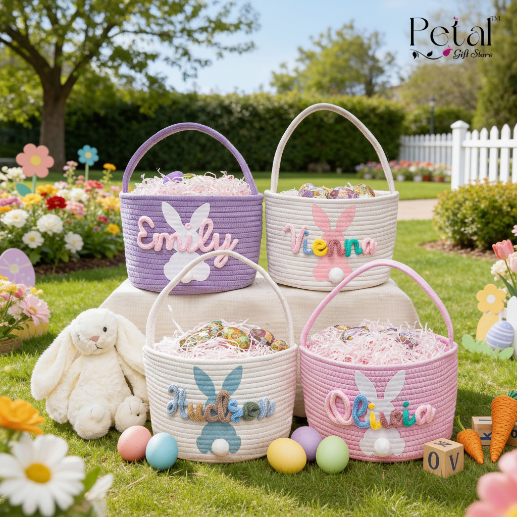 Personalized Bunny Easter Basket, Custom Name Baby Easter Gift Basket, Easter Egg Hunt Basket, Cotton Rope Storage Basket, Easter Bucket
