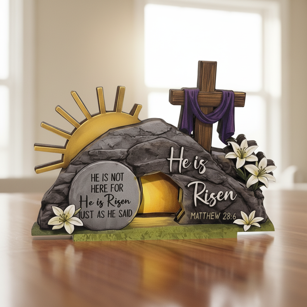 He Is Risen Empty Tomb flat 3D Wooden Block, Resurrection Scene, Religious Easter Gift, Christian Home Decor, Bible Verse Sign, Church Art