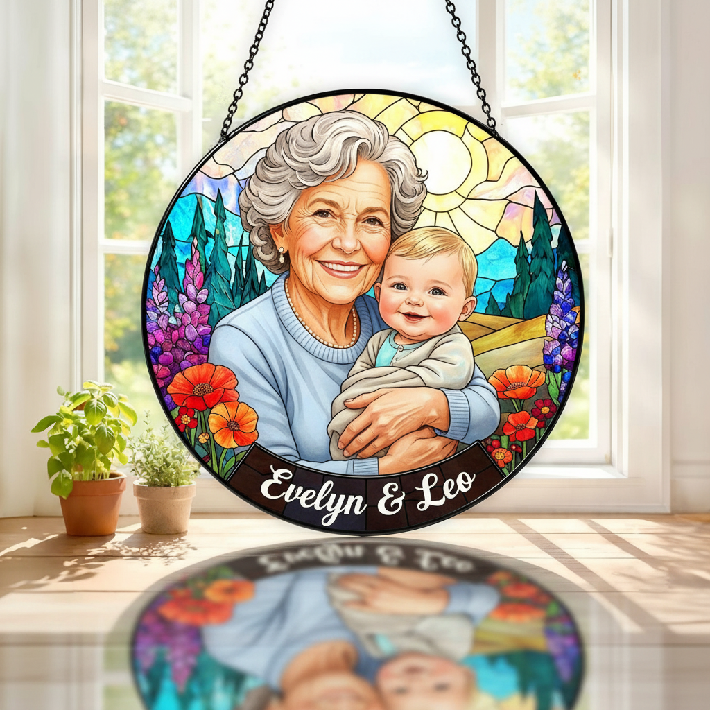 Personalized Grandma Portrait Stained Glass Suncatcher, Custom Photo Window Hanging, Mother's Day Gift