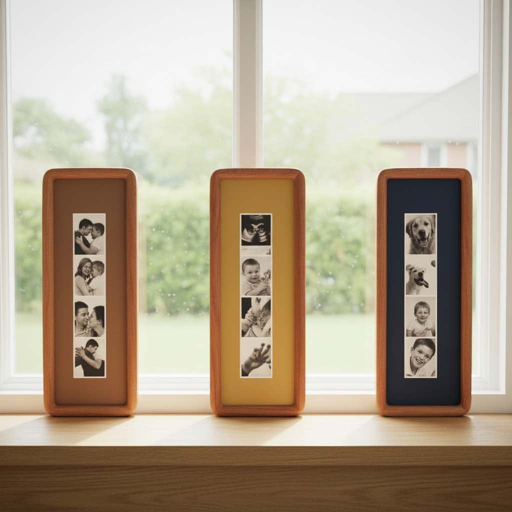 Photobooth Frame for Photo Strip Prints: Elongated Solid Wood Picture Frame with Coloured Mount, Ready to Hang for photoautomat print 1