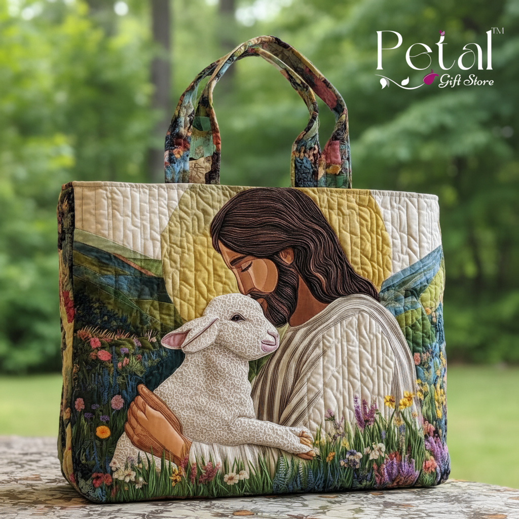 Jesus and Lamb Quilted Tote Bag, 3D All Over Printed Christian Shoulder Bag, Faith Inspired Patchwork Tote, Gift for Believers