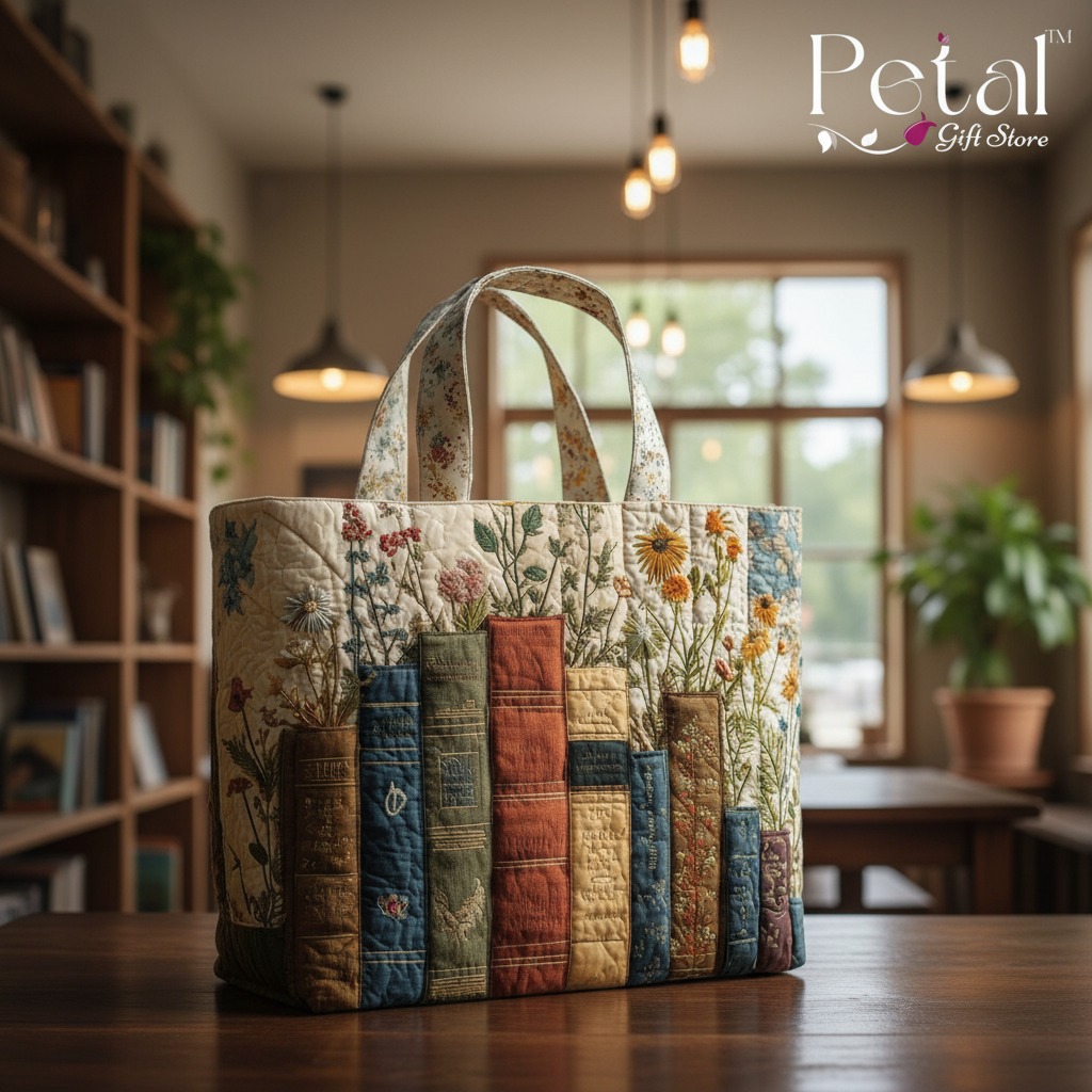Vintage Book Garden 3D All Over Printed Quilted Tote Bag, Book Lover Shoulder Bag, Floral Patchwork Tote, Reader Gift