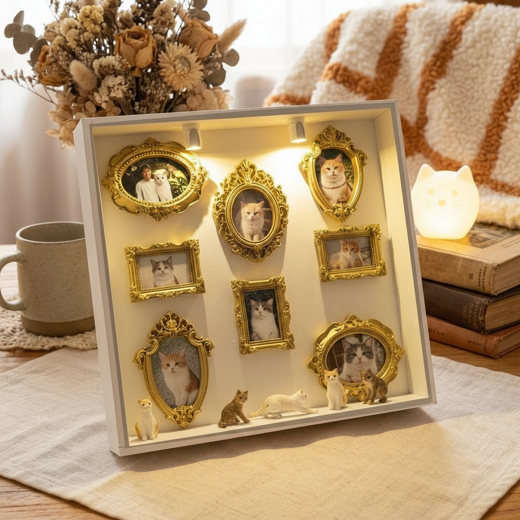 Cat DIY Mini Museum Silhouette Box, LED Lighted Photo Shadow Box, Gold Vintage Frames with Mini Figurines, Personalized Memory Display Box