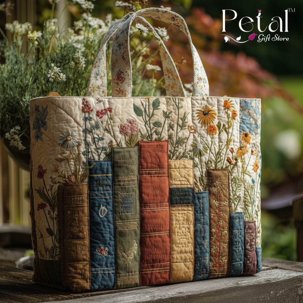 Vintage Book Garden 3D All Over Printed Quilted Tote Bag, Book Lover Shoulder Bag, Floral Patchwork Tote, Reader Gift