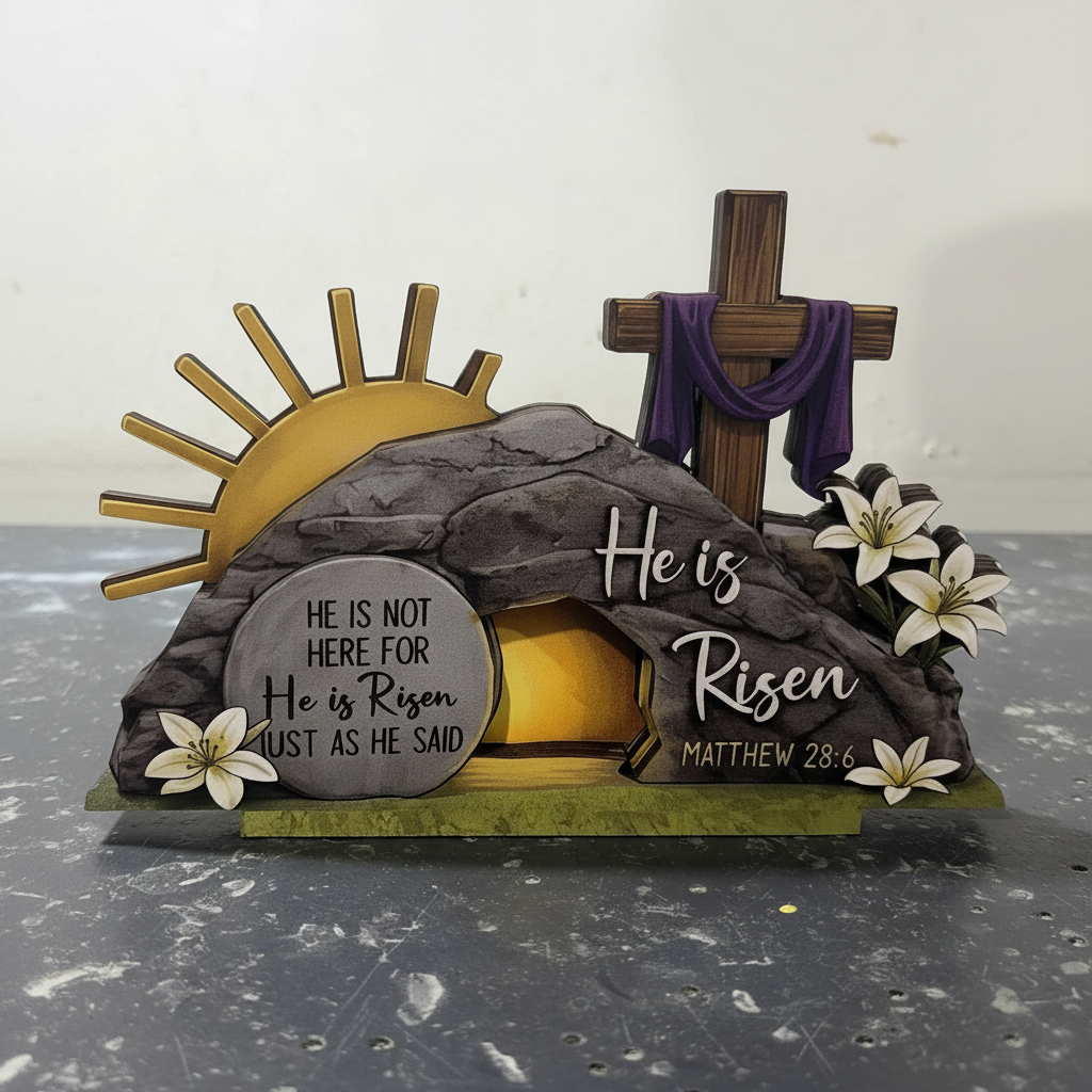 He Is Risen Empty Tomb flat 3D Wooden Block, Resurrection Scene, Religious Easter Gift, Christian Home Decor, Bible Verse Sign, Church Art