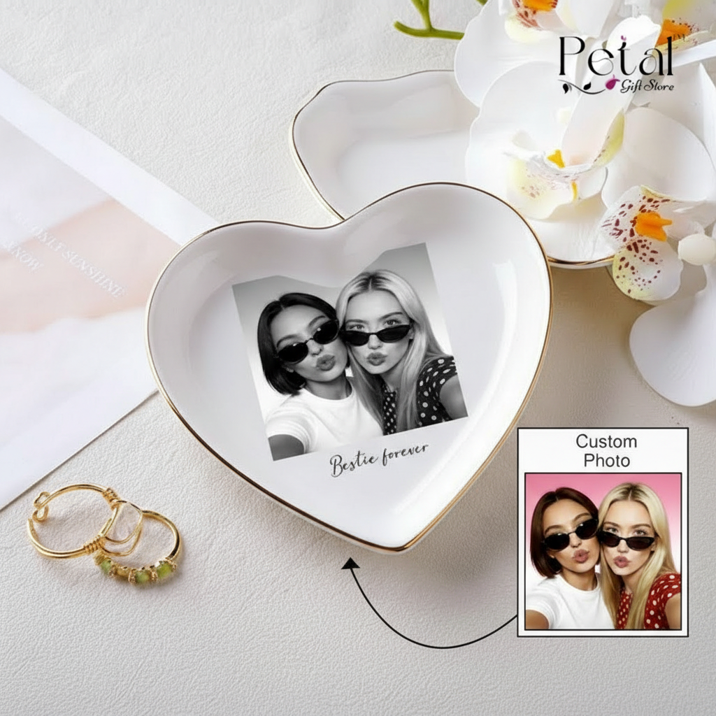 Personalised Bestie Photo Trinket Dish, Custom Jewelry Ring Dish, Bridesmaid Proposal, Ceramic Trinket Tray for Best Friend, Wedding Gift