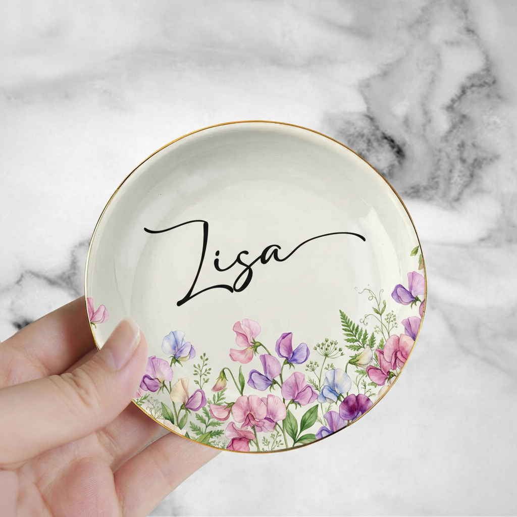 Personalised Birth Flower Trinket Dish_ Custom Birth Month Flower Trinket Dish, Wedding Bridesmaid Gift, Wildflower Ring Holder, Best Friend