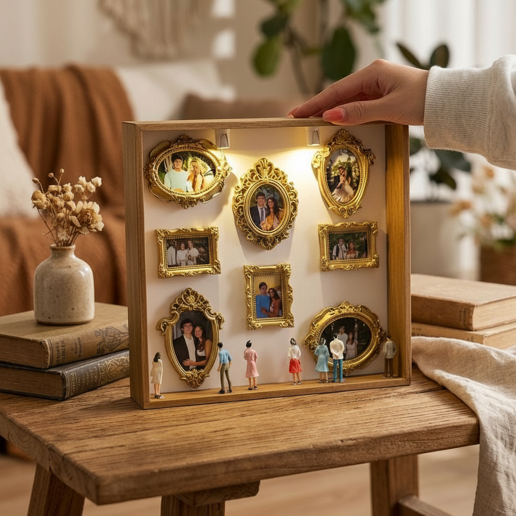 DIY Mini Museum Silhouette Box, LED Lighted Photo Shadow Box, Gold Vintage Frames with Mini Figurines, Personalized Memory Display Box,