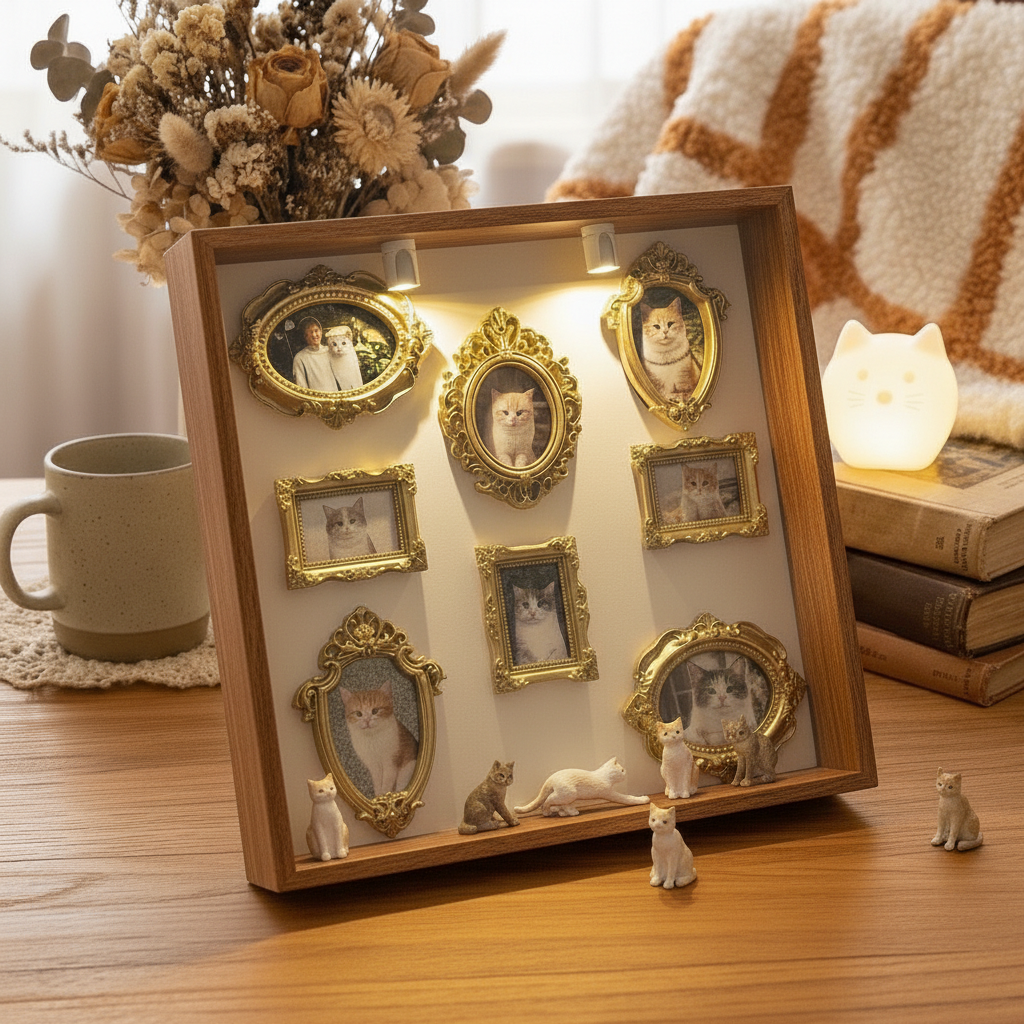 Cat DIY Mini Museum Silhouette Box, LED Lighted Photo Shadow Box, Gold Vintage Frames with Mini Figurines, Personalized Memory Display Box