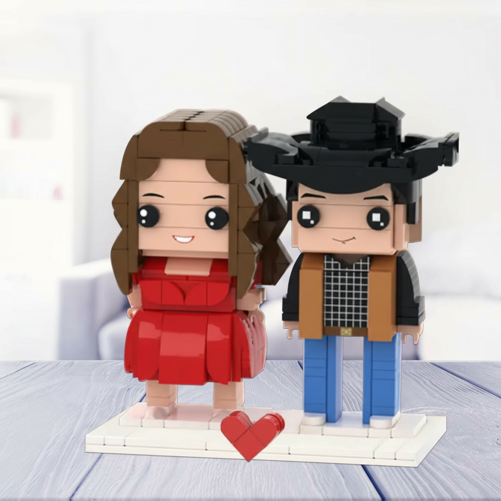 Custom 2 Person Brick Figures with Engraved Frame, Personalized Building Block Gift