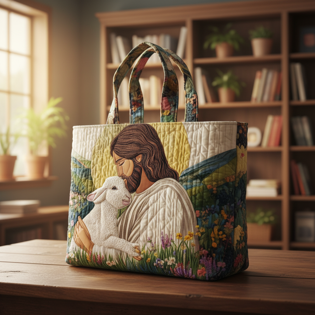 Jesus and Lamb Quilted Tote Bag, 3D All Over Printed Christian Shoulder Bag, Faith Inspired Patchwork Tote, Gift for Believers