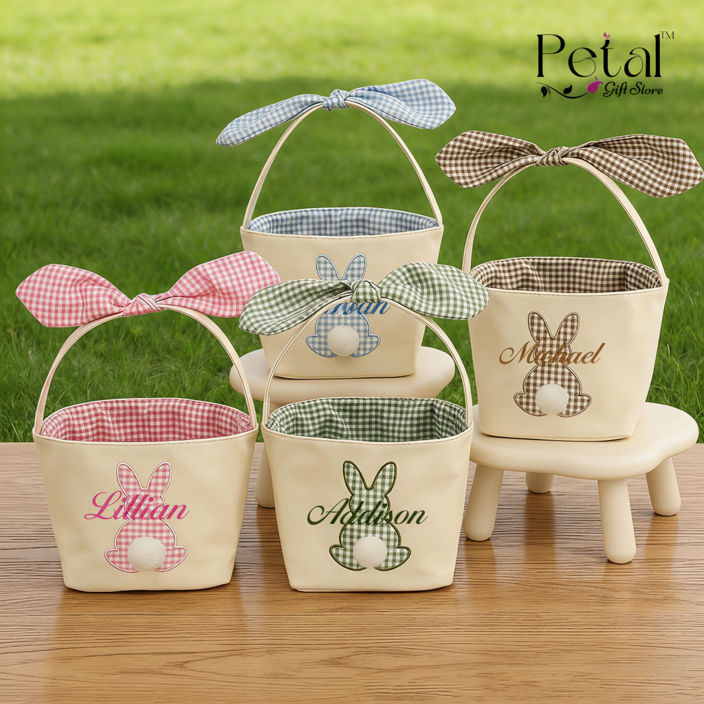 Personalized Easter Basket, Embroidered Name, Bunny Rabbit Basket, Easter Egg Hunt Basket, Easter Gift for Kid