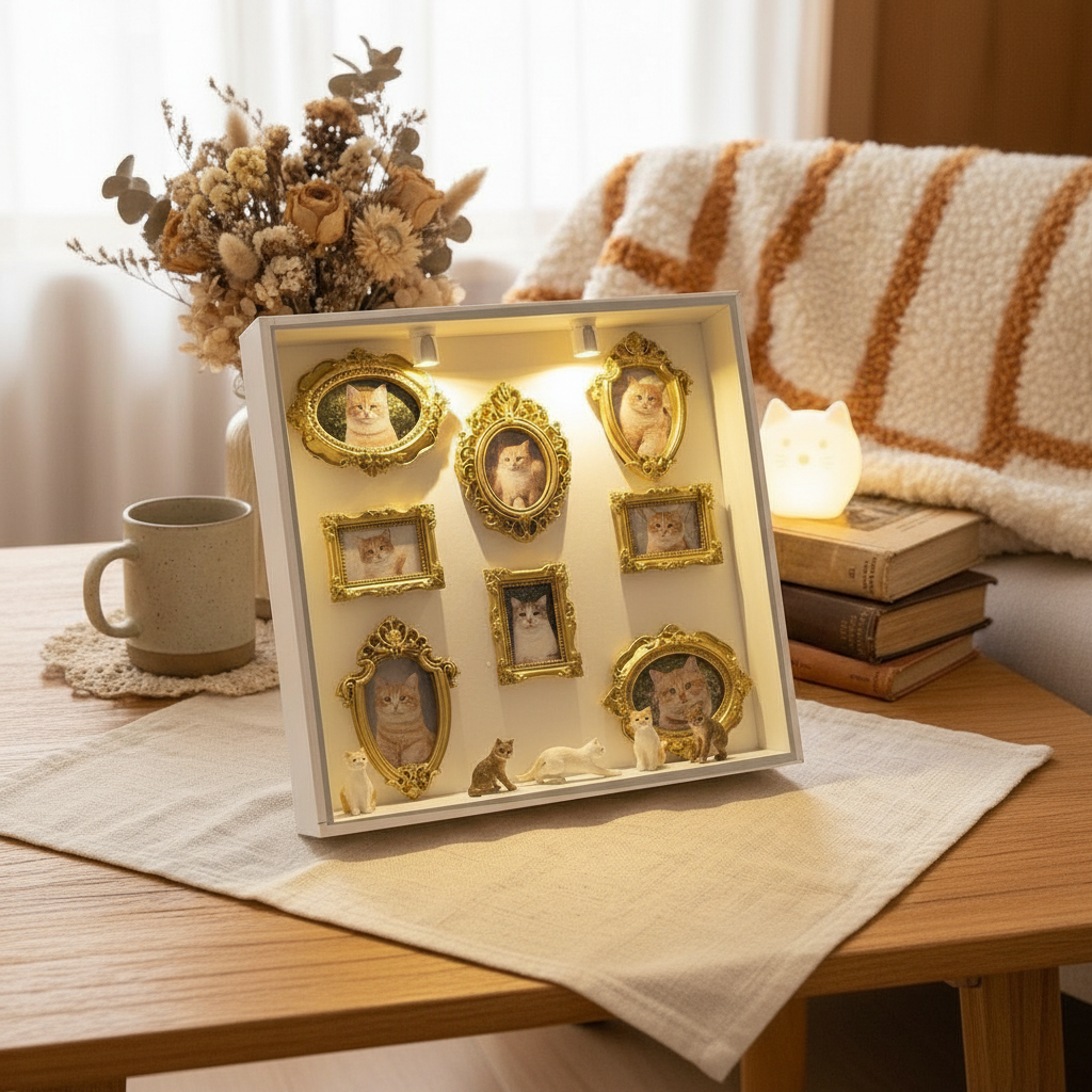 Cat DIY Mini Museum Silhouette Box, LED Lighted Photo Shadow Box, Gold Vintage Frames with Mini Figurines, Personalized Memory Display Box