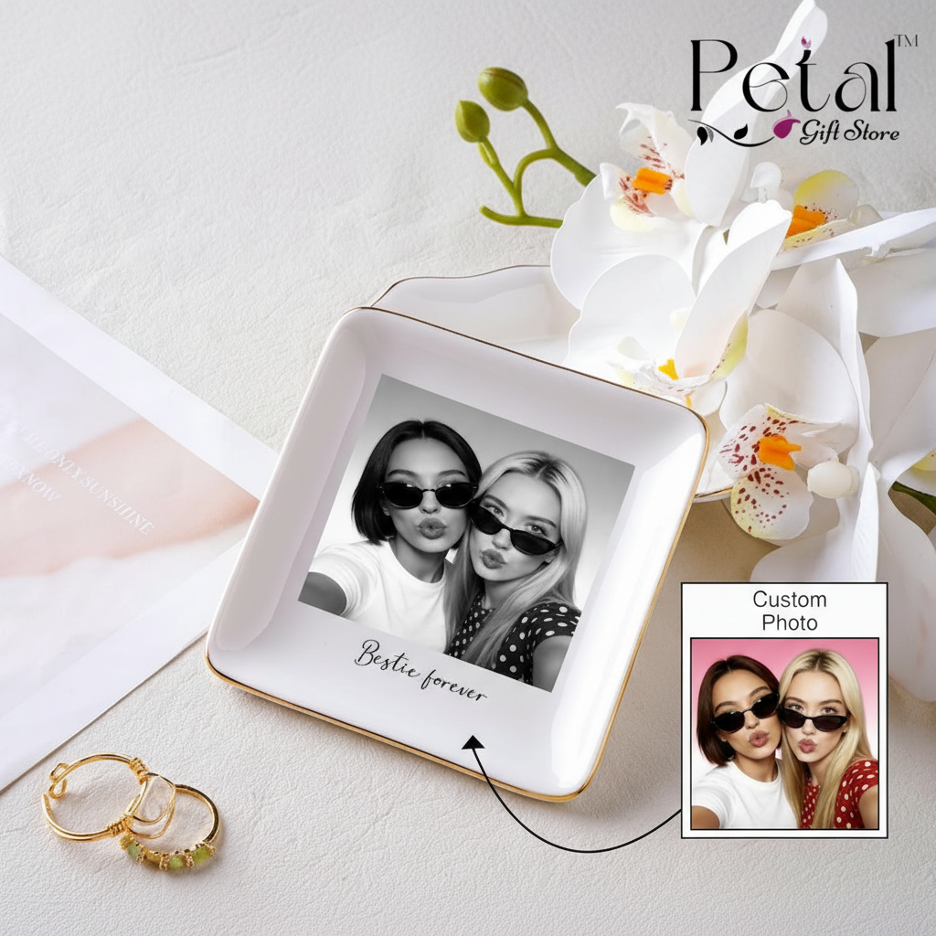 Personalised Bestie Photo Trinket Dish, Custom Jewelry Ring Dish, Bridesmaid Proposal, Ceramic Trinket Tray for Best Friend, Wedding Gift