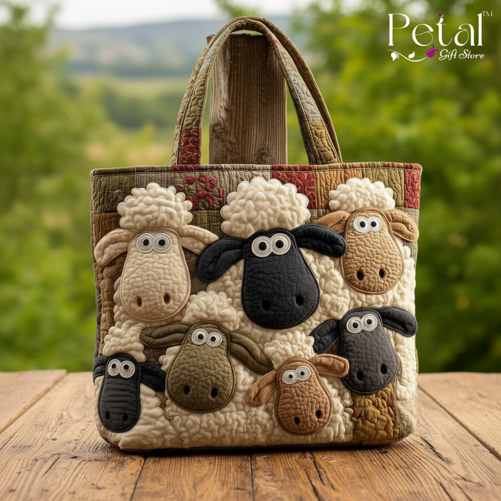 Sheep Patchwork Tote Bag, 3D All Over Printed Quilted Shoulder Bag, Cute Sheep Bag, Sheep Lover's Gift