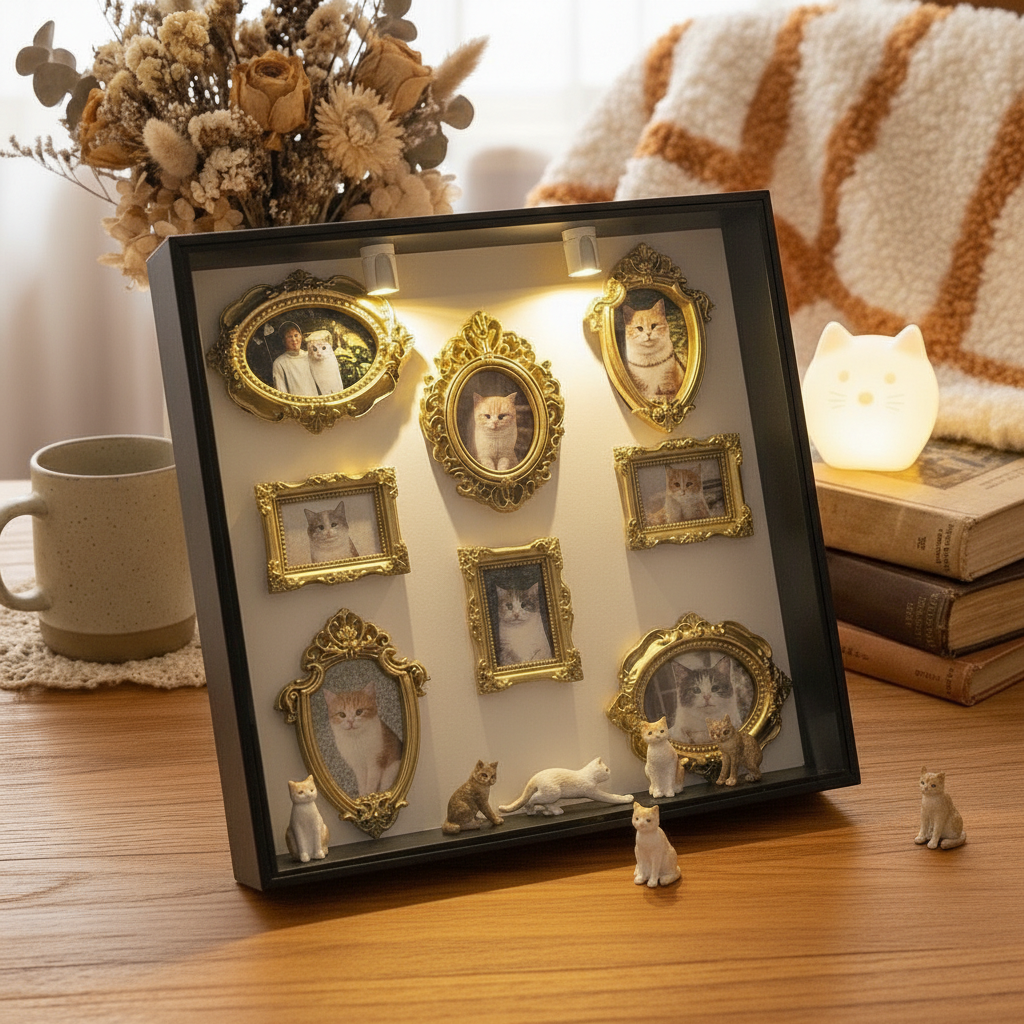 Cat DIY Mini Museum Silhouette Box, LED Lighted Photo Shadow Box, Gold Vintage Frames with Mini Figurines, Personalized Memory Display Box
