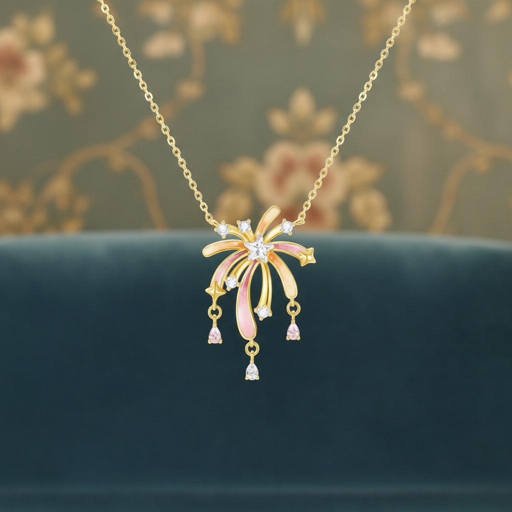 Glowing Firework Necklace in S925 Sterling Silver Gold Plated, Dainty Fairycore Necklace for Women, Elegant Handmade Jewelry Gift for Her
