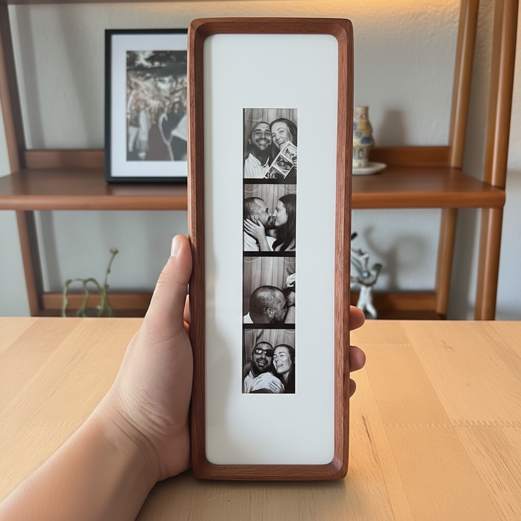 Photobooth Frame for Photo Strip Prints: Elongated Solid Wood Picture Frame with Coloured Mount, Ready to Hang for photoautomat print
