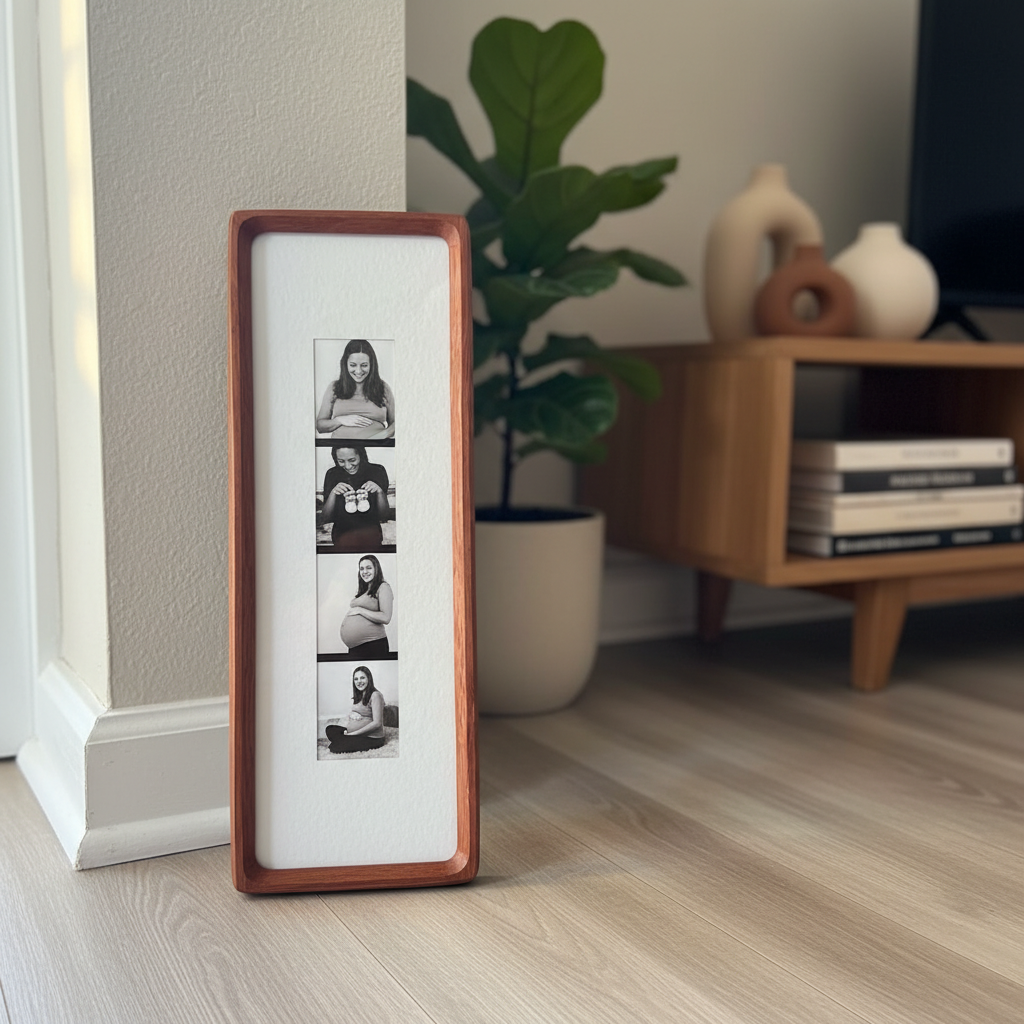Photobooth Frame for Photo Strip Prints: Elongated Solid Wood Picture Frame with Coloured Mount, Ready to Hang for photoautomat print