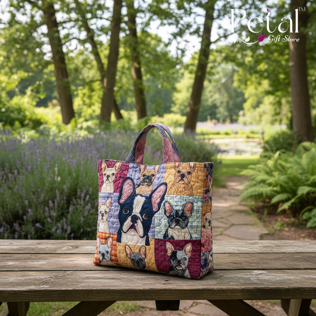 Cute French Bulldog Quilted Tote Bag, 3D All Over Printed Dog Shoulder Bag, Handmade Patchwork Tote, Frenchie Lover's Gift