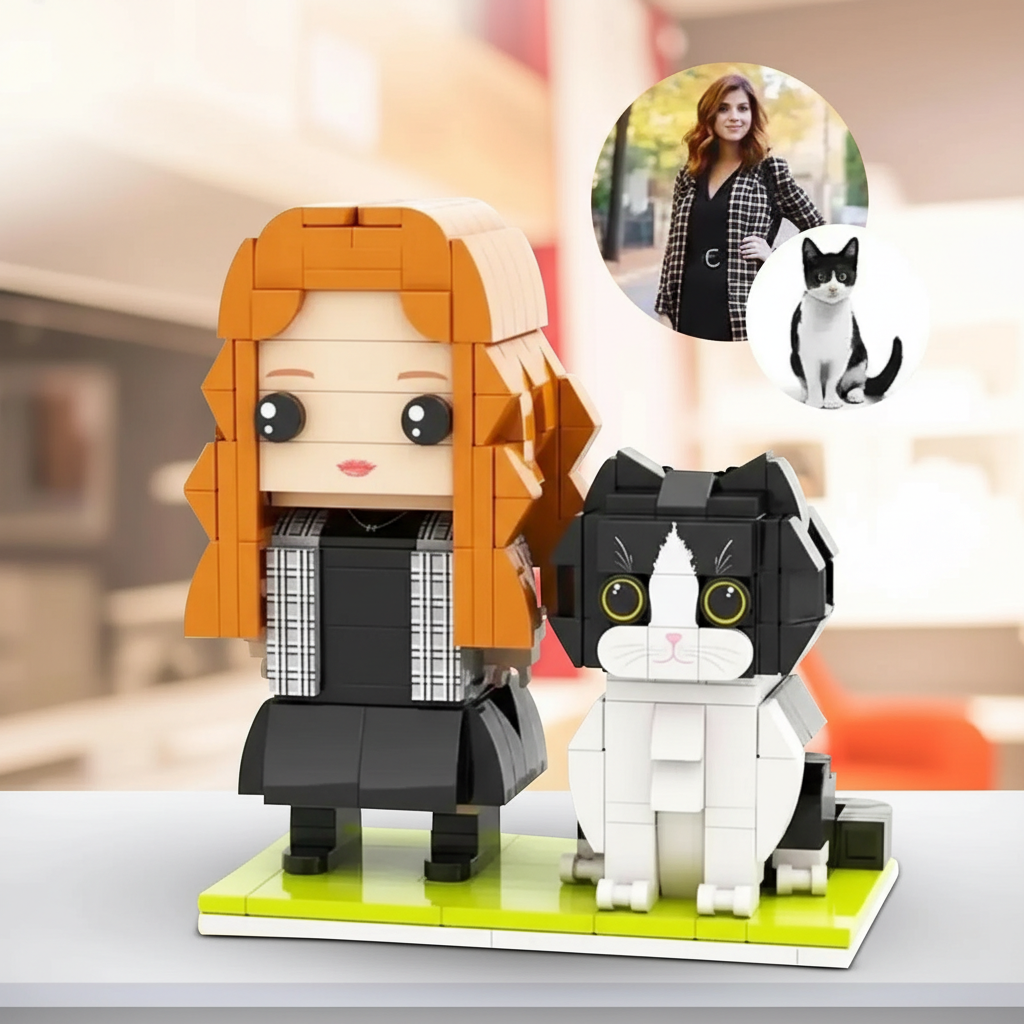 Custom 2 Person Brick Figures with Engraved Frame, Personalized Building Block Gift