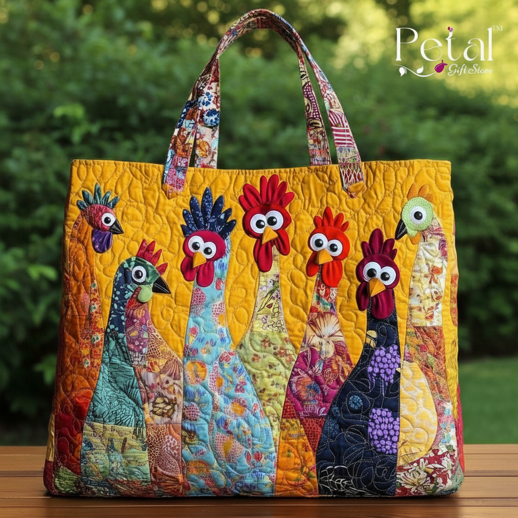 Chicken Patchwork Tote Bag, 3D All Over Printed Quilted Shoulder Bag, Cute Chicken Bag, Chicken Lover's Gift, Handmade Patchwork Tote