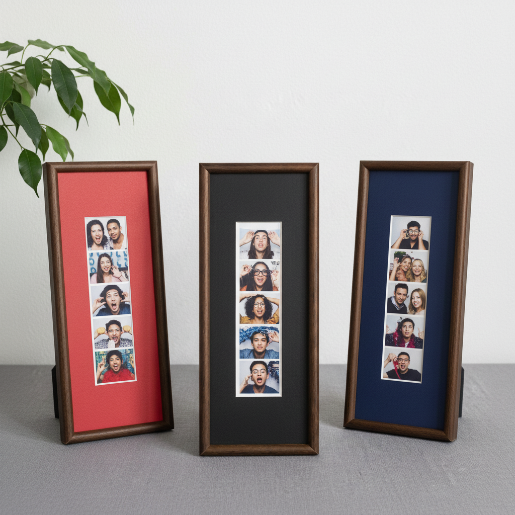 Photobooth Frame for Photo Strip Prints, Elongated Solid Walnut Wood Frame with Colored Mount, Strip Photo Holder for Photoautomat Prints
