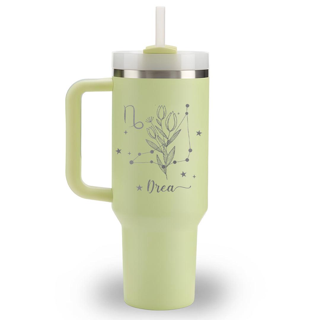 Personalized 40oz Tumbler with Handle, Birth Flower Zodiac Sign Cup, Custom Name Astrology Mug, Gift for Her, Best Friend Gift, Bridesmaid Gift
